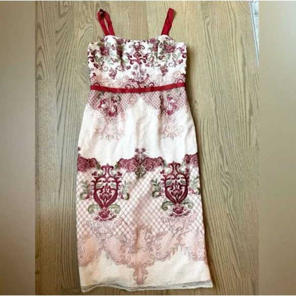 Marchesa Notte Red Pink Lace Embroidered Floral Paneled Sheath Midi Dress - Picture 4 of 9